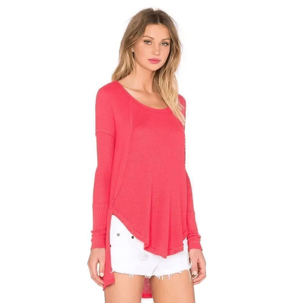 Free People Coral Poppy Red Drippy Ventura Thermal‎ Waffle Boho Top Small